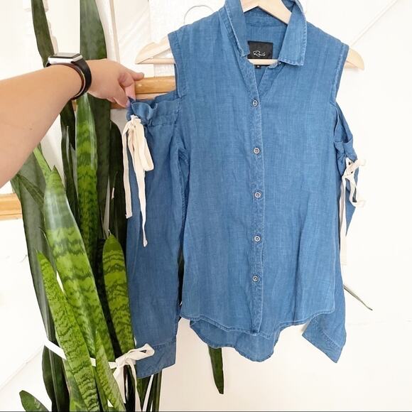 RAILS indigo linen romy blouse cold shoulders tie - Picture 2 of 9